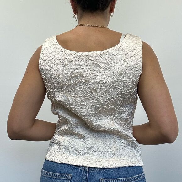 Vintage 90's Cream Satin Crinkle 3D Rose Floral Pattern Tank Camisole Size M - Picture 4 of 10